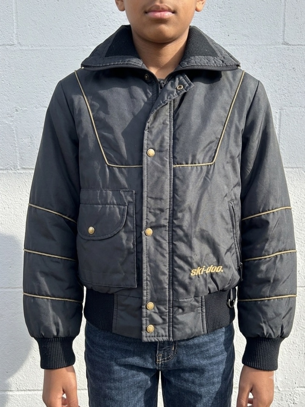 Vintage 70s Ski-Doo Youth Snowmobile Bomber Jacket Black Gold Puffer Coat